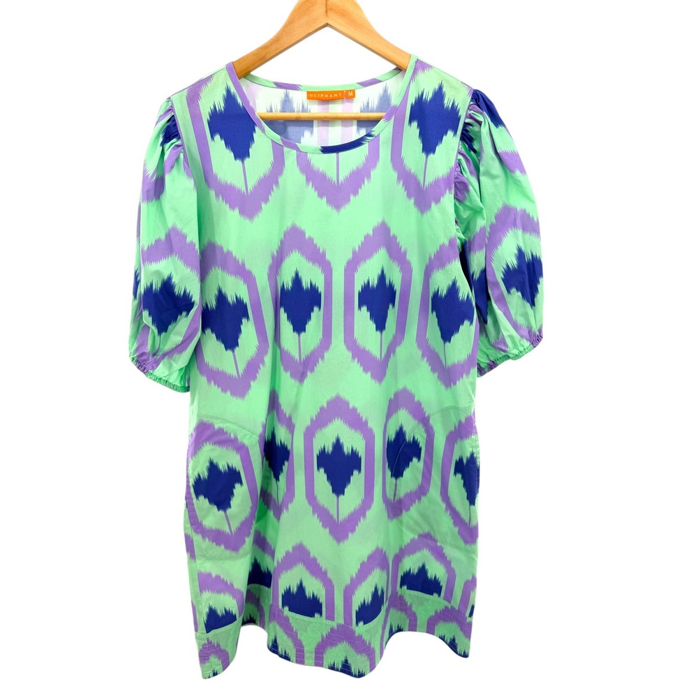 Oliphant Womens Ikat Print Puff Sleeve Cotton‎ Shift Dress Mint Purple Blue Sz M
